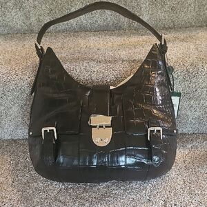 Lauren Ralph Lauren Black Croc-Embossed Leather Shoulder Bag